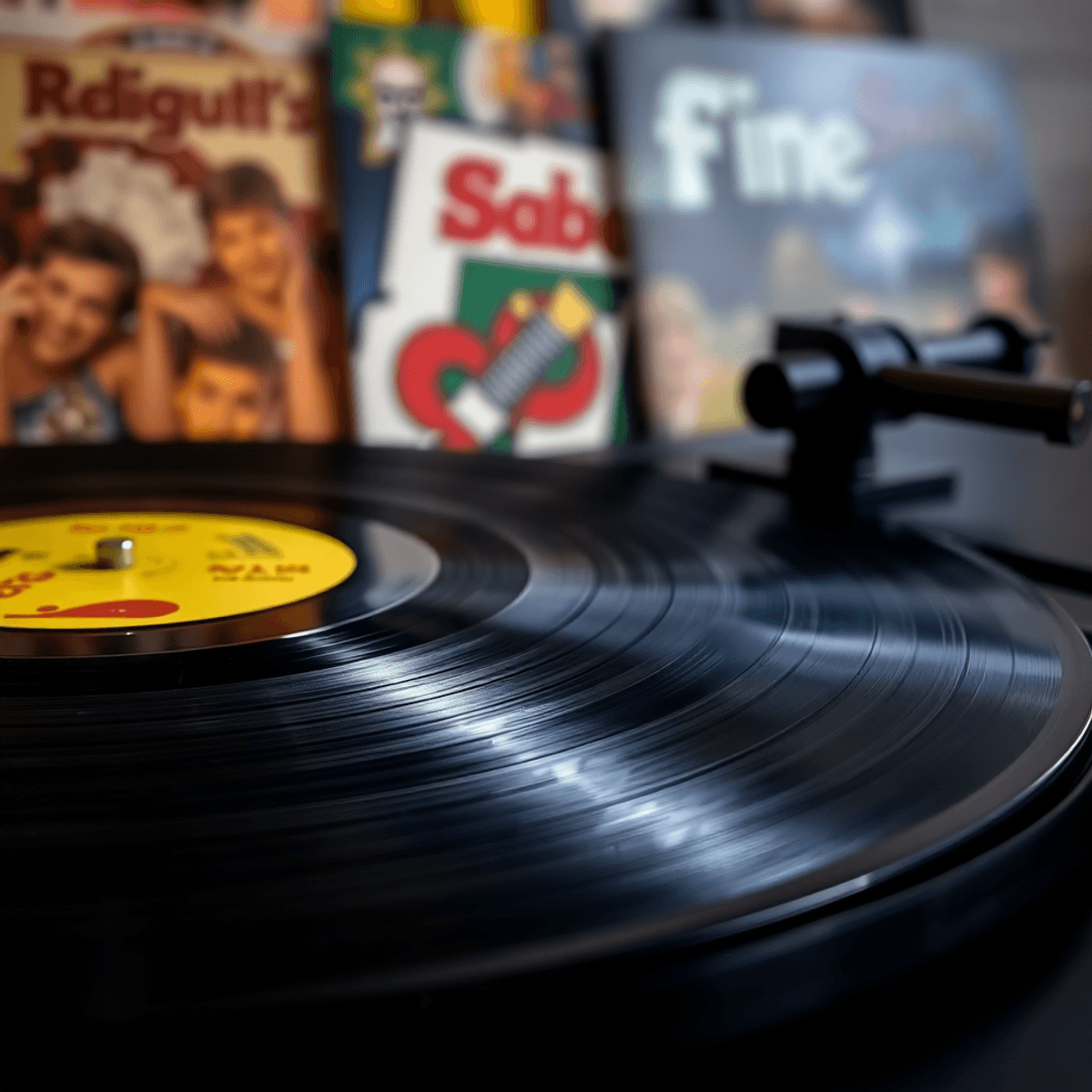 Close-up of a vintage vinyl record on a turntable, with soft lighting highlighting its grooves, and colorful album covers blurred in the background...