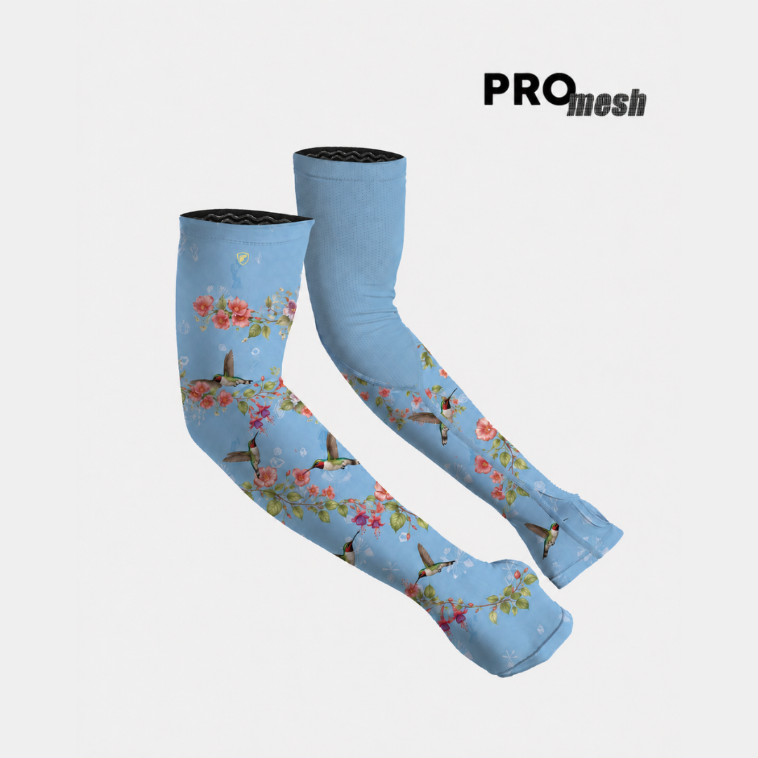 Farmers Defense ProMesh arm sleeves in Hummingbird Blossom pattern for gardening protection